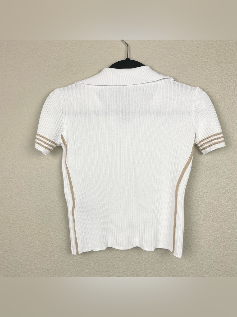 Rag & Bone Women's Small Peyton Rib Polo Top White Tan Trim Minimalist Fitted - Picture 11 of 15